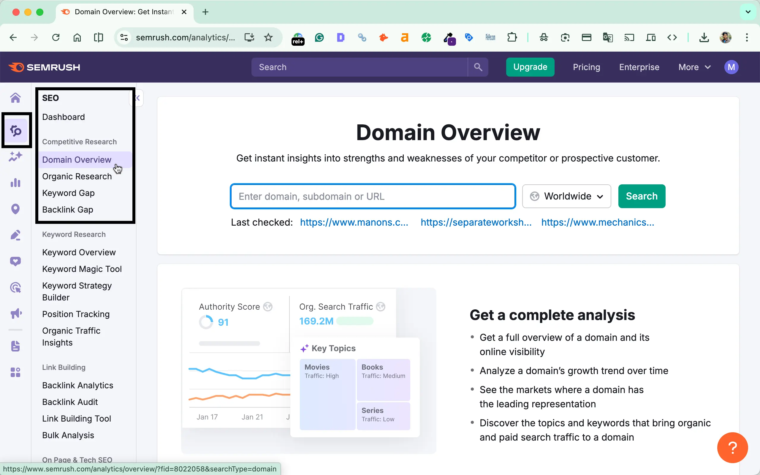 Go to Domain overview in semrush