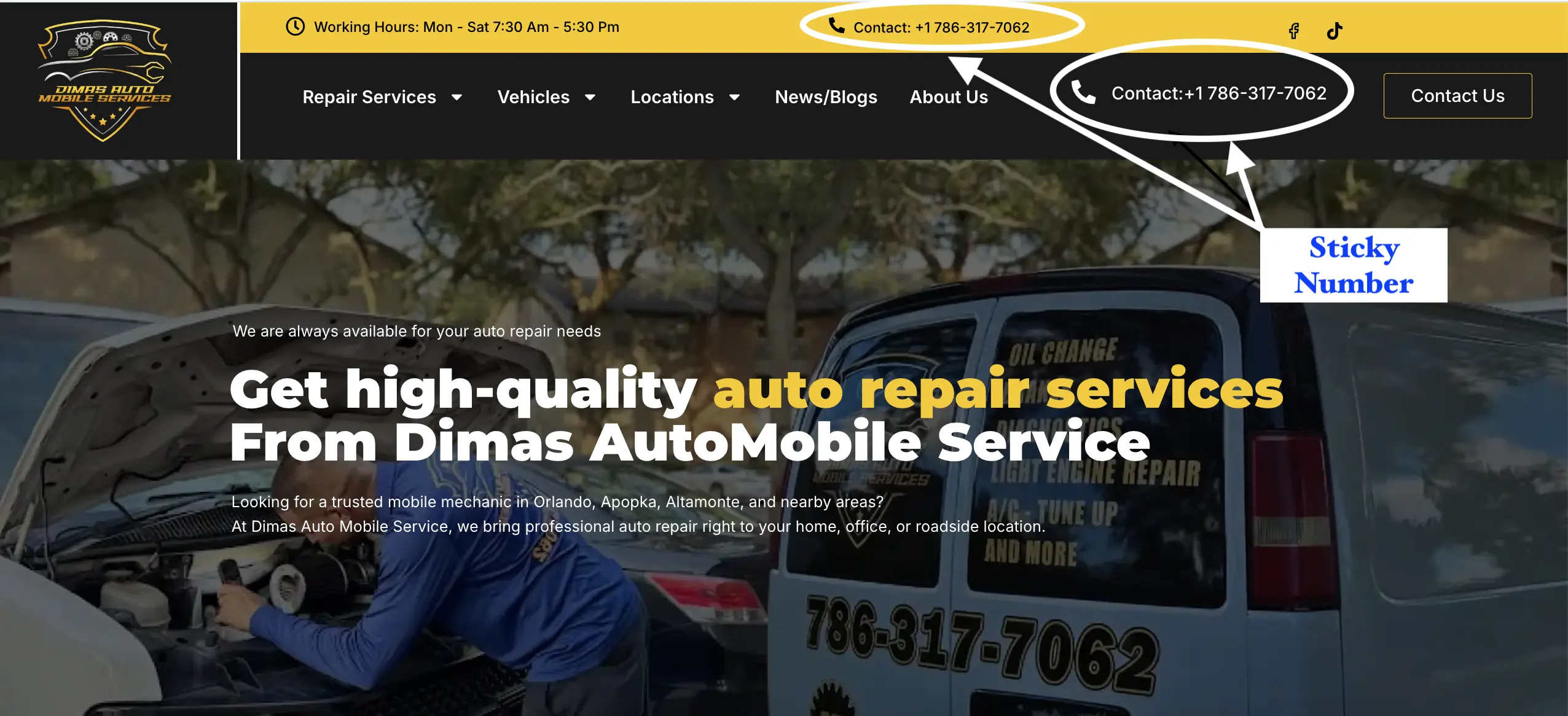 Screenshot of showing business phone number sticky on navbar of website