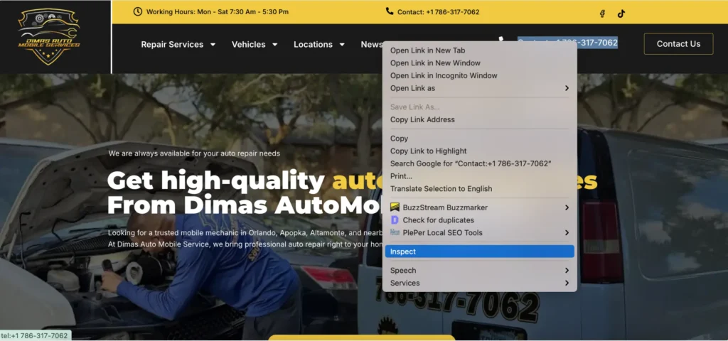 image of right click and inspecting in website