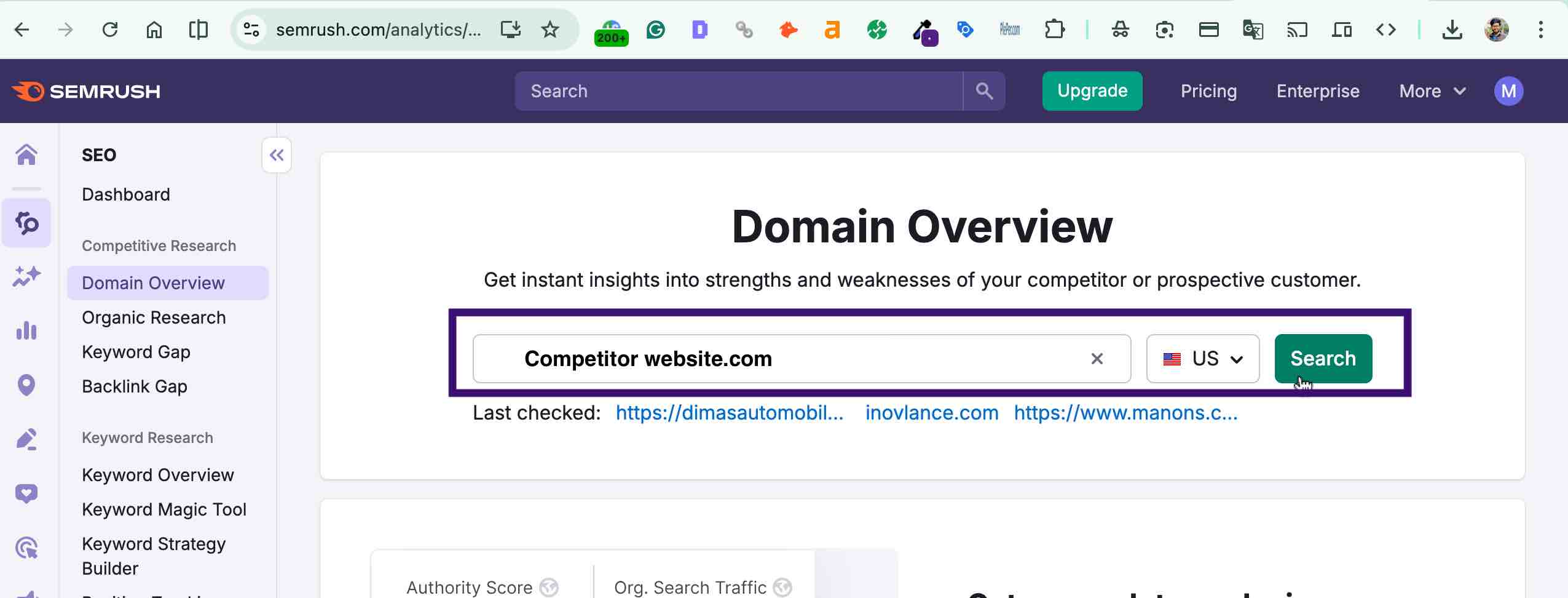 put competitors website in the semrush